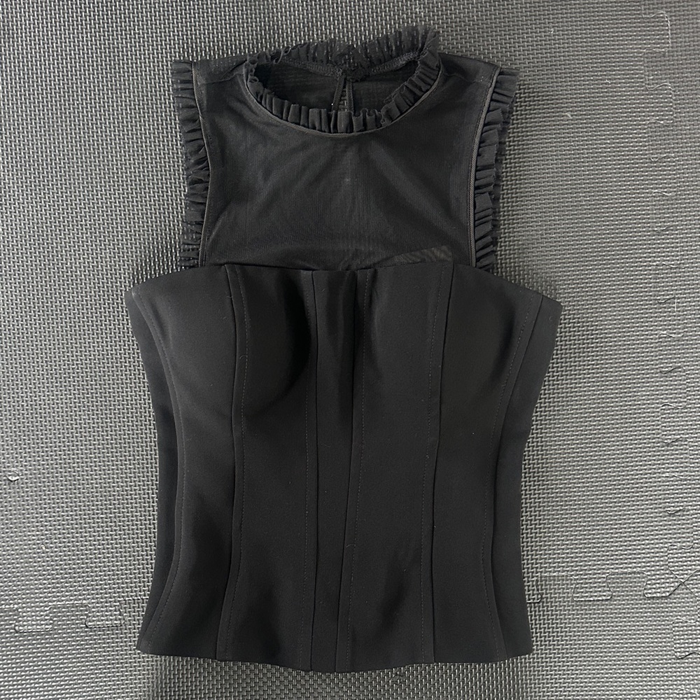 New Cinq a’ Sept Black Sleeveless Ruffle-Yoke Corset Top
